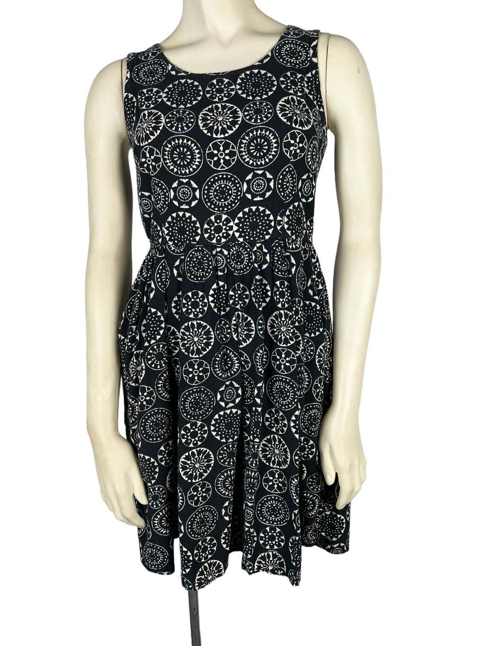 Mata Traders Black White Cotton Dress Womens XS Fit Flare Geometric Print